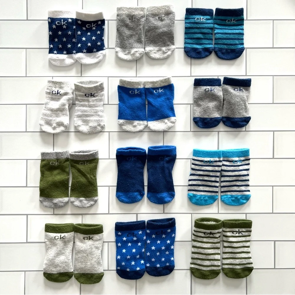 0-12M💙 Calvin Klein Milestone Baby 12 Month Socks w/ Grips Blue Gray Stars